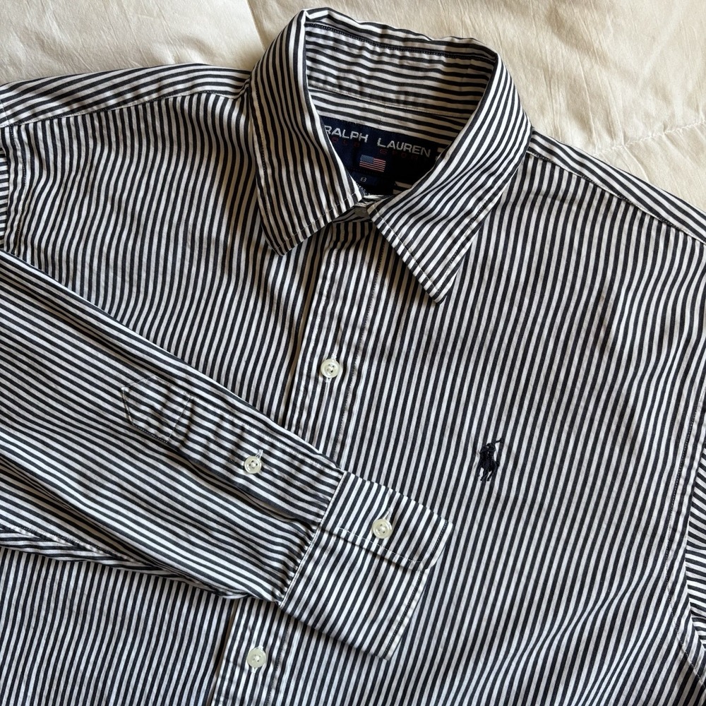 Vtg 90s Ralph Lauren Polo Sport Button Up Boys 8 (S/M) Navy White Stripe Preppy